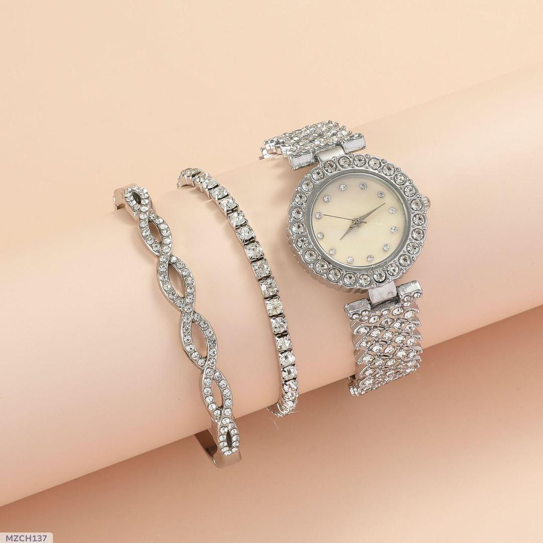 STEEL BAND DIAMOND LADIES WATCH SET - ELEGANT ROUND DESIGN - ZULF STORE